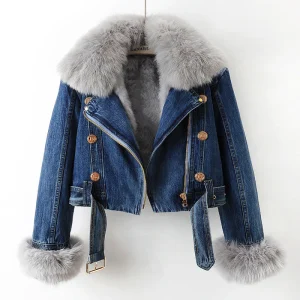 Béatrice - Manteau de denim en fourrure de renard doublé de luxe