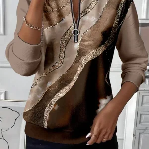 Dorevienne - Sweatshirt Décontracté à Demi-Zip Imprimé Vintage