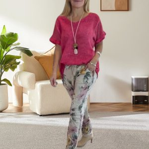 Evangeline - Ensemble 2 Pièces Femme – Blouse Unie et Pantalon Décontracté à Imprimé Floral